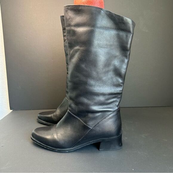 KF Limited Black Leather Roll Down Calf Boots Size 9 - Picture 1 of 7